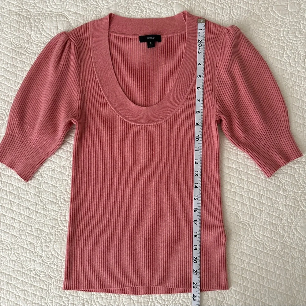 J.Crew Pink Puff-Sleeve Silk-Blend Short Sleeve Ribbed Knit Top Sweater
